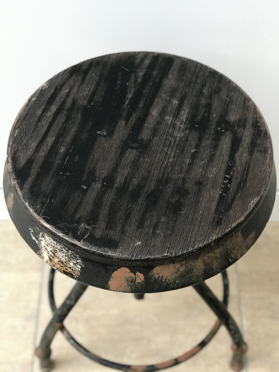 adjustable industrial stool with wooden seat